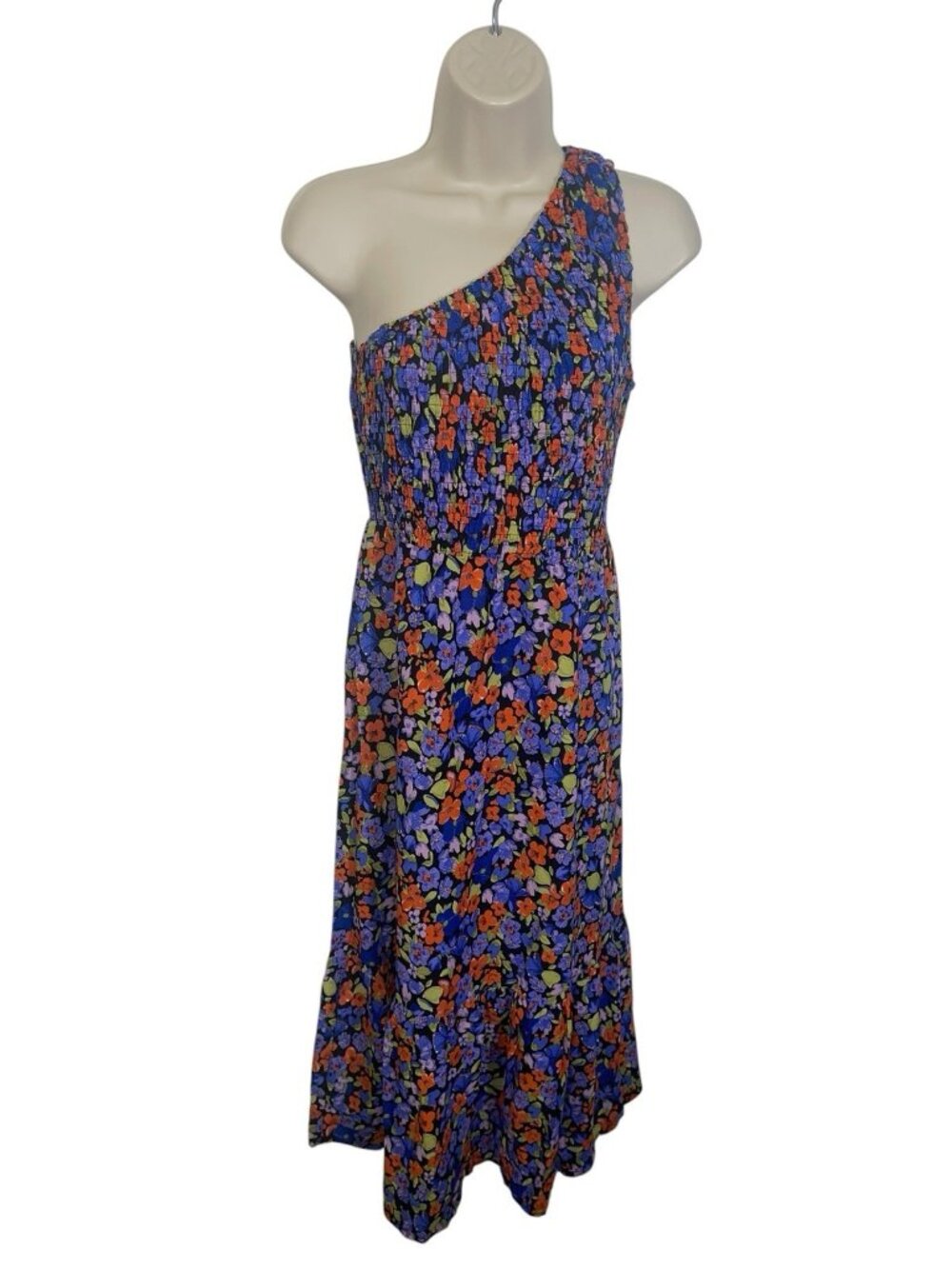 KIRUNDO Women's Size Small Smocked Top One Shoulder Bright Floral Maxi Dress